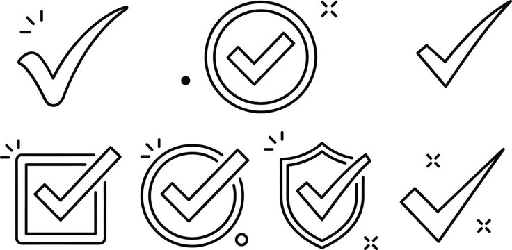 Check mark and tick line icon set featuring checkbox circle shield right choice approval and safety vector symbols