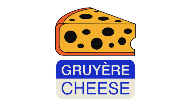 Very beautiful realistic vector of GRUY&Egrave;RE CHEESE featuring a classic golden wedge with firm texture and elegant cut surface, isolated on white background, with a colorful label reading "GRUY&Egrave;RE CHEES