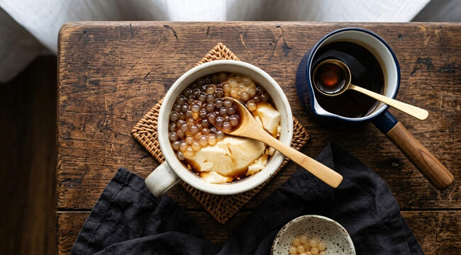 Traditional Filipino taho with soft tofu, brown sugar syrup, and sago pearls in a ceramic bowl