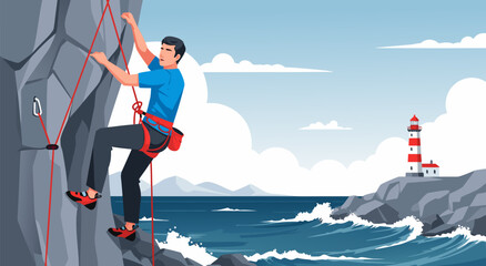 Professional Rock Climber Scaling Coastal Cliff Vector Illustration Design for Adventure Sports and Outdoor Activity Concepts © Life Studio