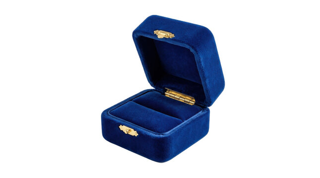 Elegant navy blue velvet ring box with open lid and golden interior accents, designed for engagement proposals, wedding jewelry, and memorable luxury gifts

