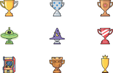 Obraz premium PrintFantasy Gaming Trophy and Award Vector Icon Set featuring Alien UFO Wizard Hats Retro Arcade Cabinets and Unique Level Achievement Cups for Mobile Game UI Designs