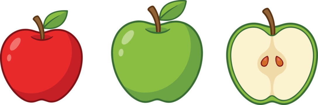 Red and green apples with half slice, cartoon vector illustration set on white background