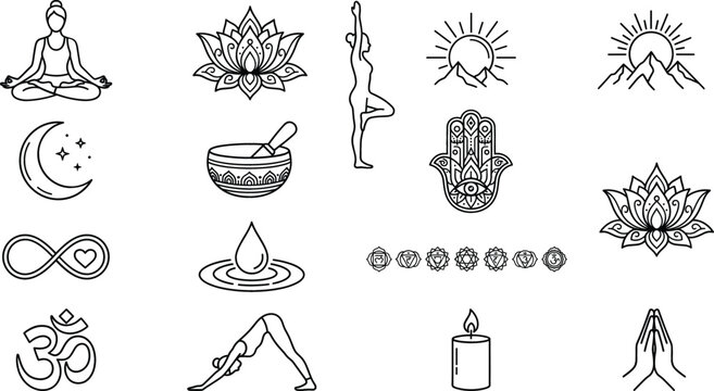 Yoga and meditation line icon set featuring lotus flowers chakras hamsa hand om symbol and wellness vector elements