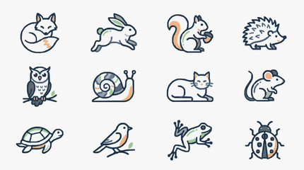 Professional Colorful Minimalist Line Drawing Set of 12 Whimsical Animals and Creatures for Educational Kids or Nature Themed Projects © Garu
