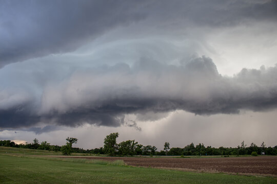 Storm clouds over a field and trees in rural America.