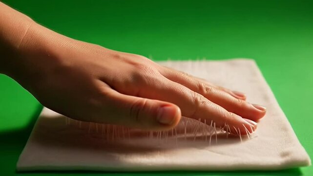 Hand pressing down on sharp needles protruding through white cloth on green background.