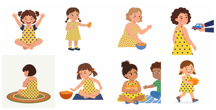 Collection of Little Girl Cartoon Characters Showing Different Emotions and Behaviors