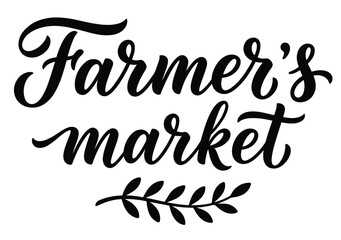 Fototapeta premium Farmer’s Market Vector Logo with Cursive Typography and Decorative Leaf Branch Motif