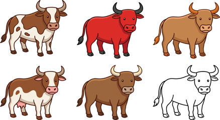 Obraz premium Cartoon bull and cow vector illustration set, cute cattle livestock collection isolated on white background