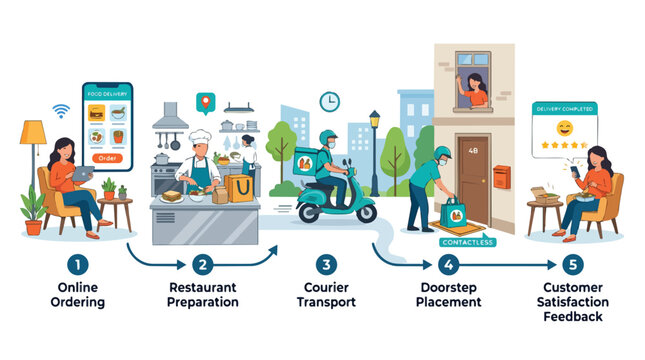 Five step food delivery process infographic showing ordering to feedback.