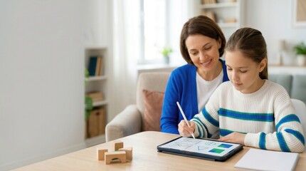 Obraz premium Child Solving Algebra With Tutor On Tablet