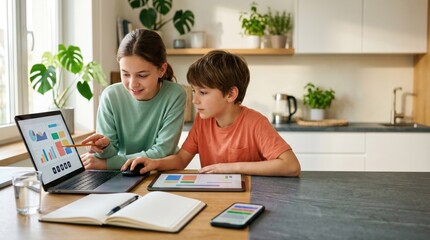 Naklejka premium Family Study Station View Across A Kitchen Counter Where Laptops Notebooks And