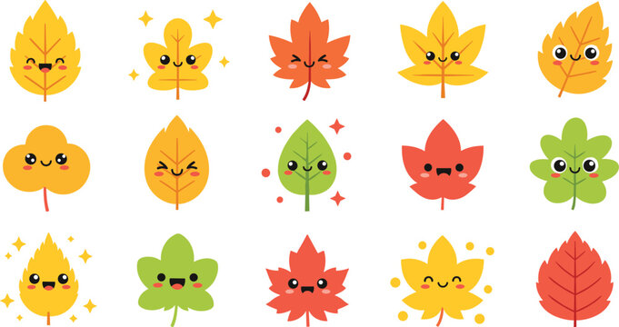 Cute autumn leaves character collection with funny kawaii face expressions colorful fall foliage elements vector illustration