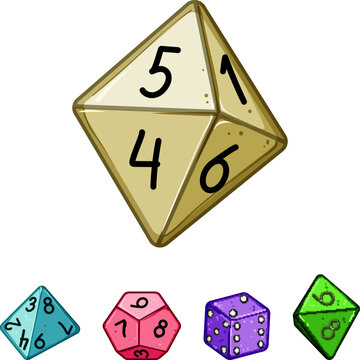 Polyhedral dice set in bright colors showing d20, d12, d10, d8, d6 for tabletop gaming, chance and strategy vector illustration conveying luck, risk, numbers, play, hobby