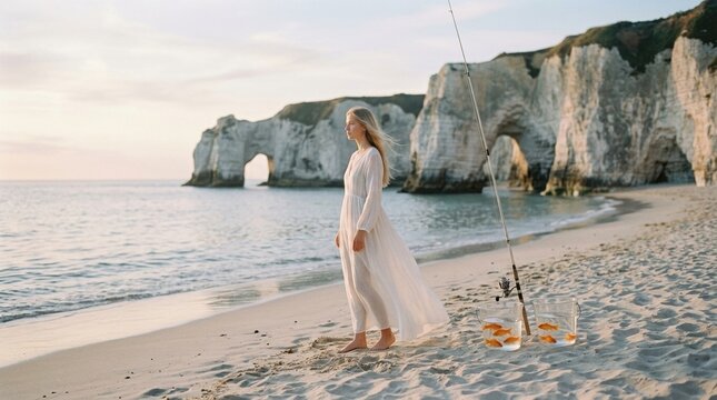 Woman stands on the beach near the water with a fishing pole and fish in clear containers at sunset near cliffs