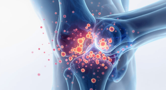 Close-up medical illustration of a knee joint with inflammation and joint pain, representing arthritis or injury