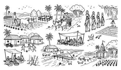 Obraz premium Black and White Traditional Indian Village Life Vector Line Drawing Collection