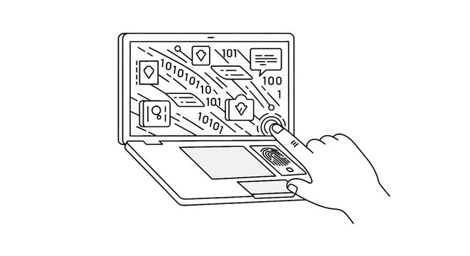 Cyber security laptop with biometric fingerprint and binary code