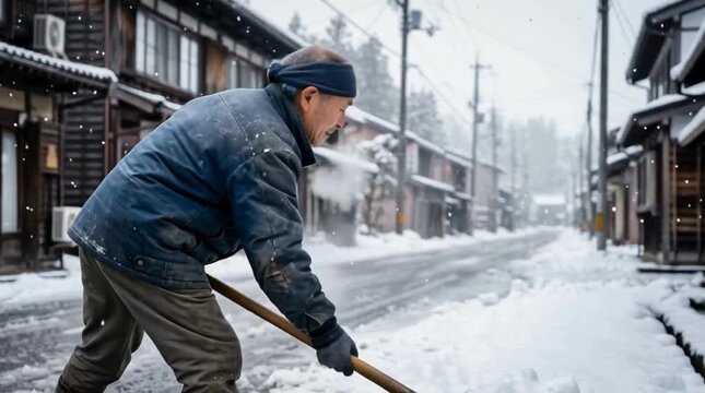 雪かきをするシニア男性と雪の降る古い街並み