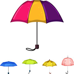 Fototapeta premium Assorted vibrant open umbrellas in pink, yellow, blue, green and purple providing colorful shelter and protection from rain on a clean white background, modern vector style