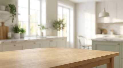 Fototapeta premium Empty wooden table top in blurred light kitchen interior background for product mockup and food presentation display.