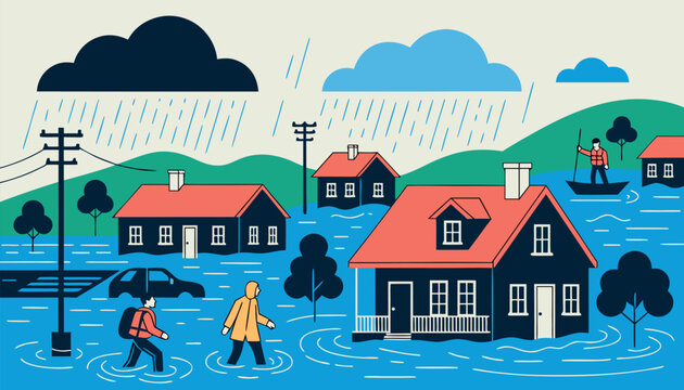 Flood Disaster from Heavy Rainfall with Rising Water Levels Flooding Residential Houses Flat Vector Illustration