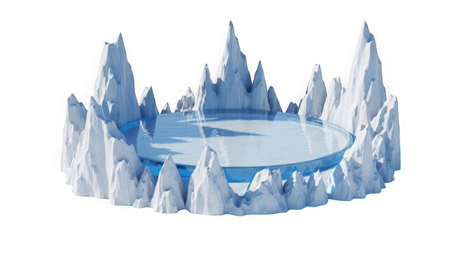 3d render of a circular water platform surrounded by lowpoly icebergs and snowy mountain peaks isolated on transparent background