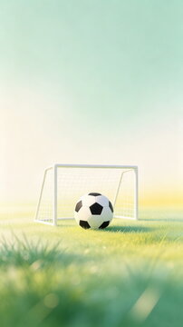 Soft Blurred Illustration of Soccer Ball Resting on Grass In Front of Empty White Goal, Pale Mint Green Gradient Background
