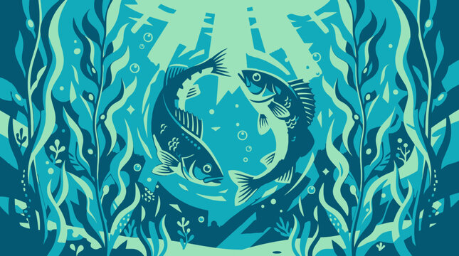 Perch fish vector swimming among kelp in a stylized blue pond