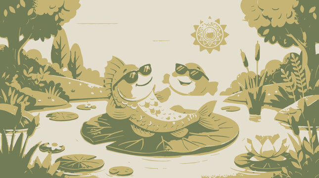Happy perch fish vector wearing sunglasses on a pond lily pad