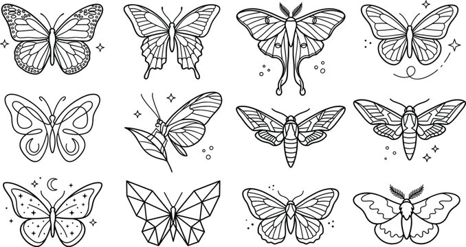 Butterfly and moth linear icon set featuring monarch swallowtail luna geometric origami celestial continuous line drawing vector illustration
