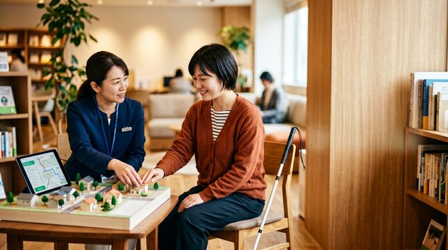 視覚障害者の住宅相談に優しく対応する女性スタッフ