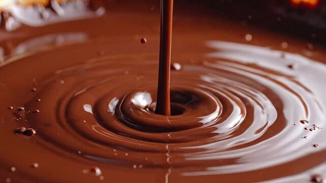 A thick stream of liquid chocolate creates ripples in a pool