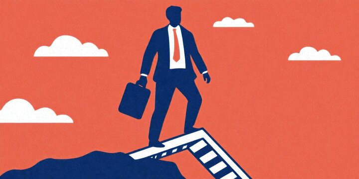 Business leader in suit overcoming adversity on bridge entrepreneurship mindset focus flat design illustration