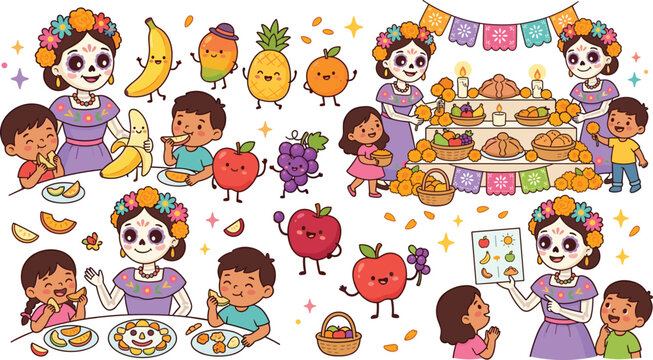 Day of the Dead Mexican holiday celebration vector set with cute children family skull characters and cartoon fruits
