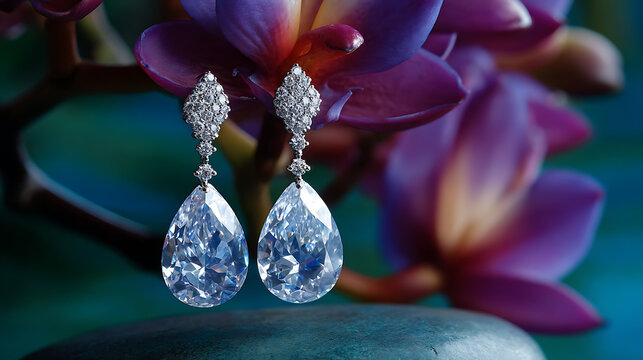 sparkling diamond drop earrings photographed with vibrant tropical flowers for luxury fashion advertising