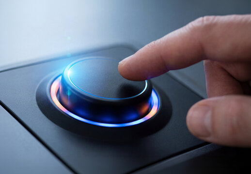 Man finger pushing a glowing blue and orange circular button on black plastic surface. Generative ai
