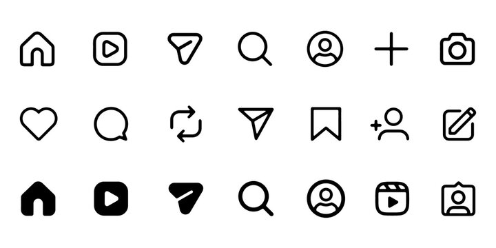 Instagram Icon Set. Home, Like, Comment, Search, User and Share Vector Illustration on Transparent Background.
