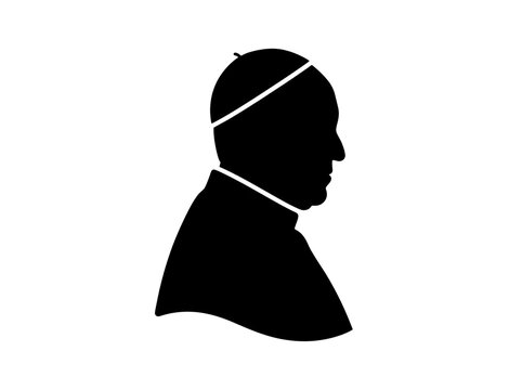 Minimalist black silhouette graphic of the pope wearing a traditional zucchetto cap shown in a sharp side profile view against a clean white background for religious or holy design projects