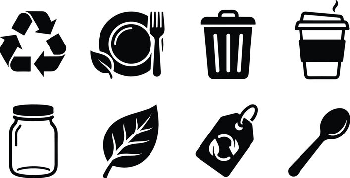 Eco friendly zero waste black glyph icon set featuring recycling plate trash bin coffee cup jar and leaf vector
