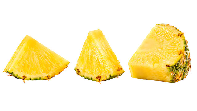 Three juicy pineapple wedges with golden yellow flesh and textured rind tropical fruit for summer snack packaging design isolated on a transparent background