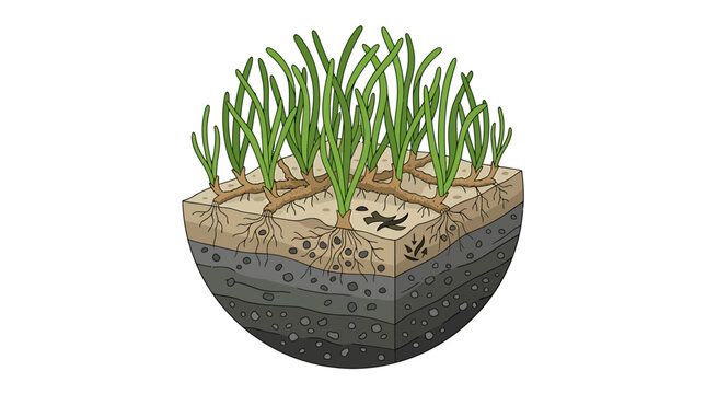 Seagrass roots in sediment layers demonstrating blue carbon storage