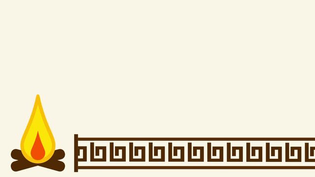 A small orange campfire burns between two tiki statues near a patterned wall border in a tribal game environment