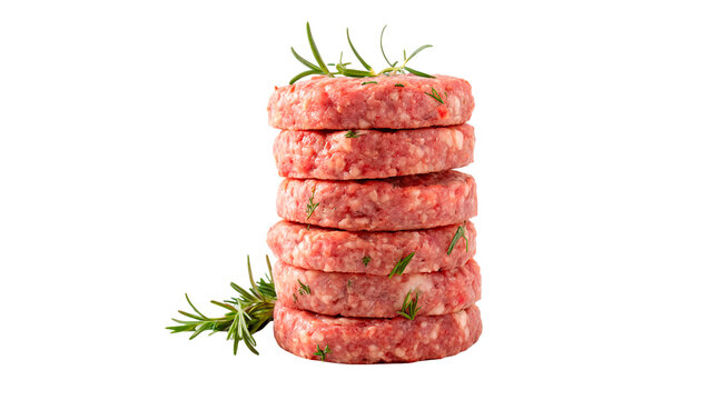 Stack pile of raw beef burger patties with rosemary isolated on transparent background cut out