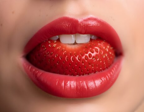 Tentazioni di estate: bella donna che gusta con piacere rosse fragole mature