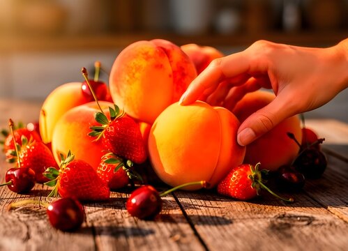 Tentazioni di estate: mano di donna che afferra con piacere frutta estiva matura mature