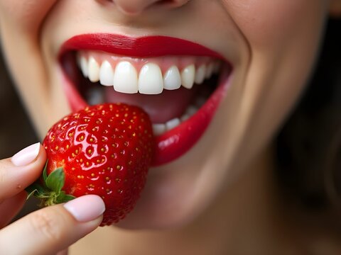 Tentazioni di estate: bella donna che gusta con piacere rosse fragole mature