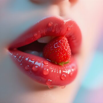 Tentazioni di estate: bella donna che gusta con piacere rosse fragole mature
