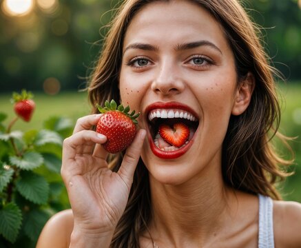 Tentazioni di estate: bella donna che gusta con piacere rosse fragole mature
